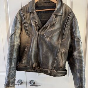 Men's Vintage Teknic Distressed Brown Leather Biker Jacket with Armor 2 XL